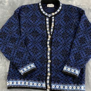 L.L. Bean Blue and Black Cardigan Wool Sweater - Women’s Medium